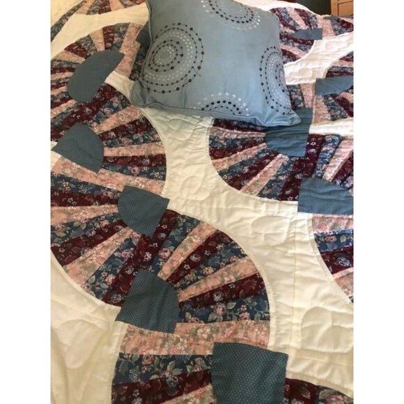 Handmade King Size Amish Fan Quilt Blue Pink Burgundy Roses Floral - Picture 5 of 6